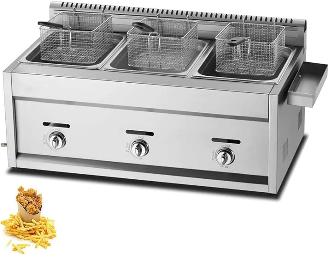 Commercial Stainless Steel Double Cylinder Gas Fryer with Basket - Ideal for Restaurant and Home Kitchen Use (3tank)