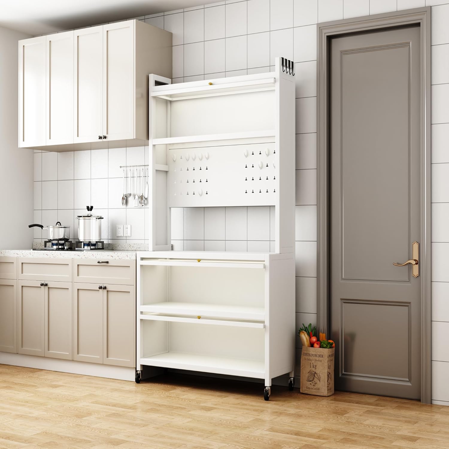 65'' Kitchen Pantry Storage Cabinet, Storage & Microwave Oven Countertop, Pantry Cabinets with 3 Doors and 4 Layers Hole Plate Versatile Storage for Kitchen, Living Room, Dining Room