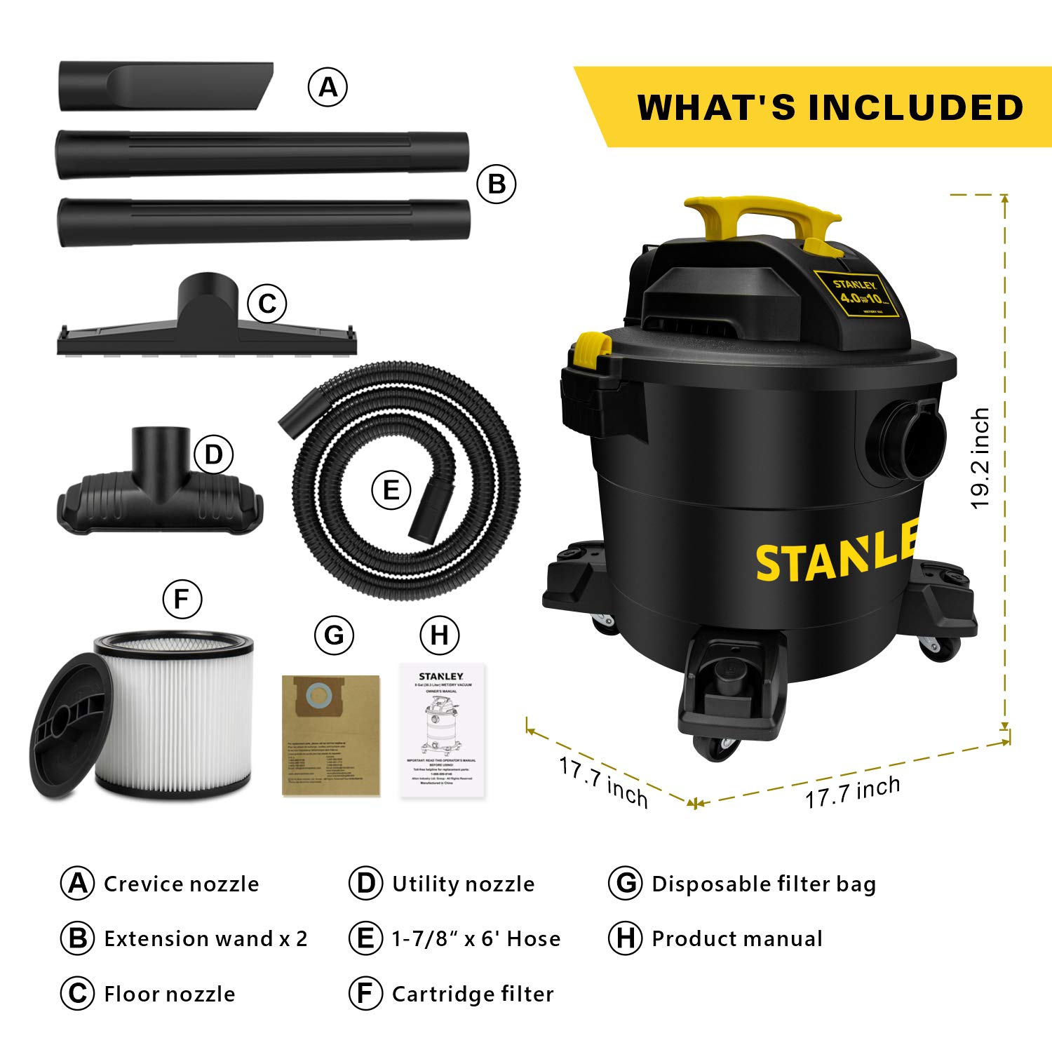 STANLEY Wet/Dry Vacuum SL18191P, 10 Gallon 4 Horsepower 16 FT Clean Range Shop, Ideal for Home/Garage/Laundry Rooms with Attachments, Strong Suction Large Capacity Multiple Accessories