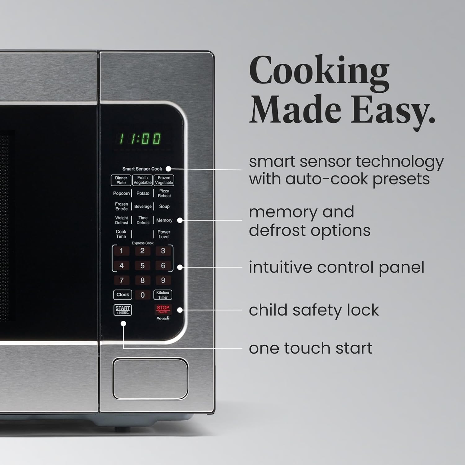 Farberware 2.2 Cu. Ft. Countertop Microwave Oven – 1100 Watts Power, Smart Sensor Auto Cook Settings, Defrost, Easy Clean and Child Safety Lock - Stainless