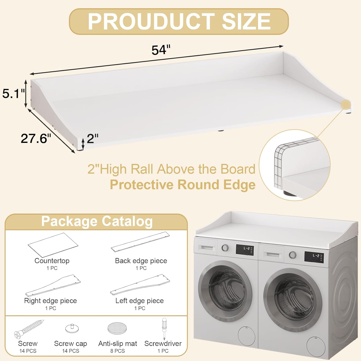 54'' Washer Dryer Countertop, Laundry Room Organization Washer and Dryer Combo Countertop Organizer with Non-Slip Mat, White