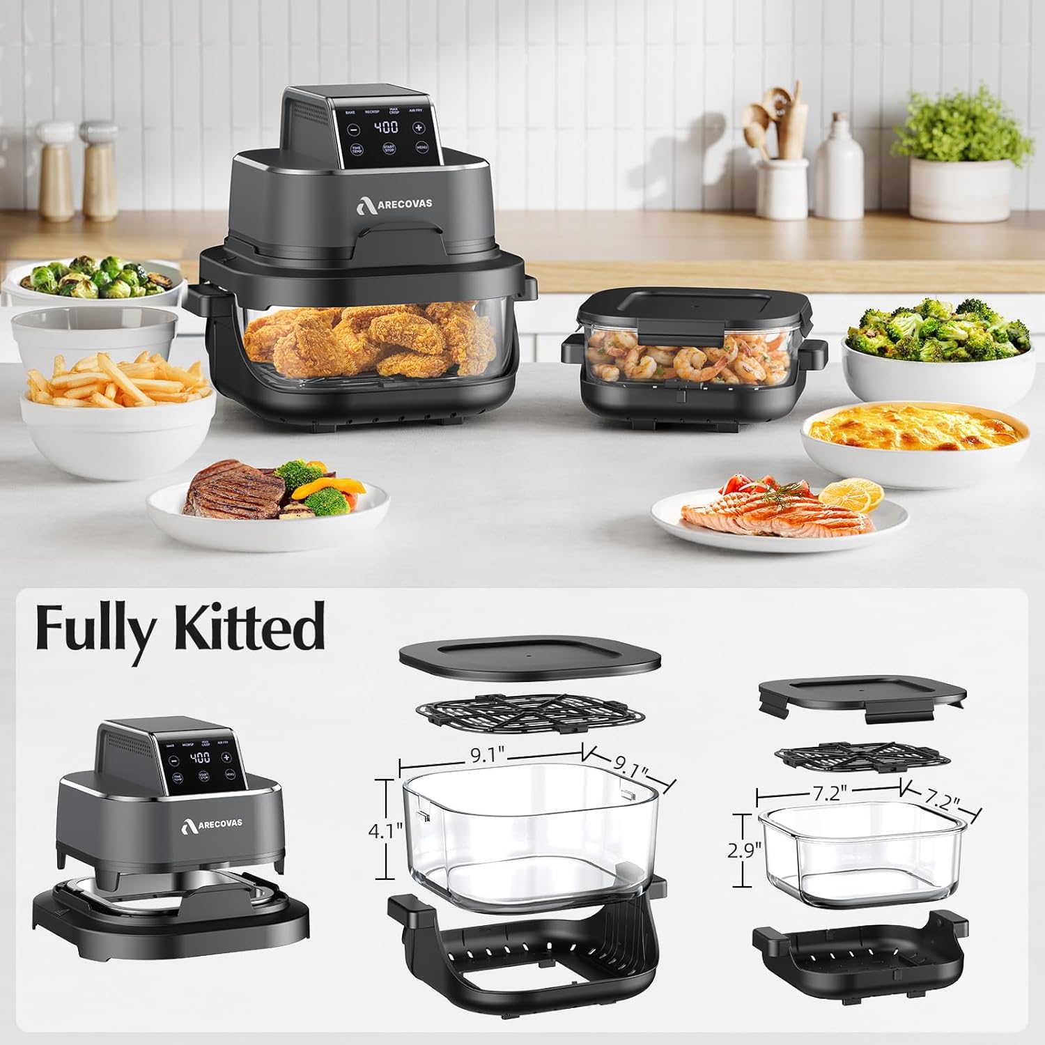 4-in-1 Portable Glass Air Fryer, 140–400°F Precise Heat, Max Crisp Technology, 4.2QT & 1.6QT Dual Containers with Lids, Freezer & Dishwasher Safe, Bake, Recrisp, Air Fry