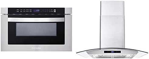 COSMO COS-12MWDSS 24 in. Built-in Microwave Drawer with Automatic Presets, Touch Controls & 668WRCS75 Wall Mount Range Hood with Ducted Exhaust Vent, 3 Speed Fan, 30 inches