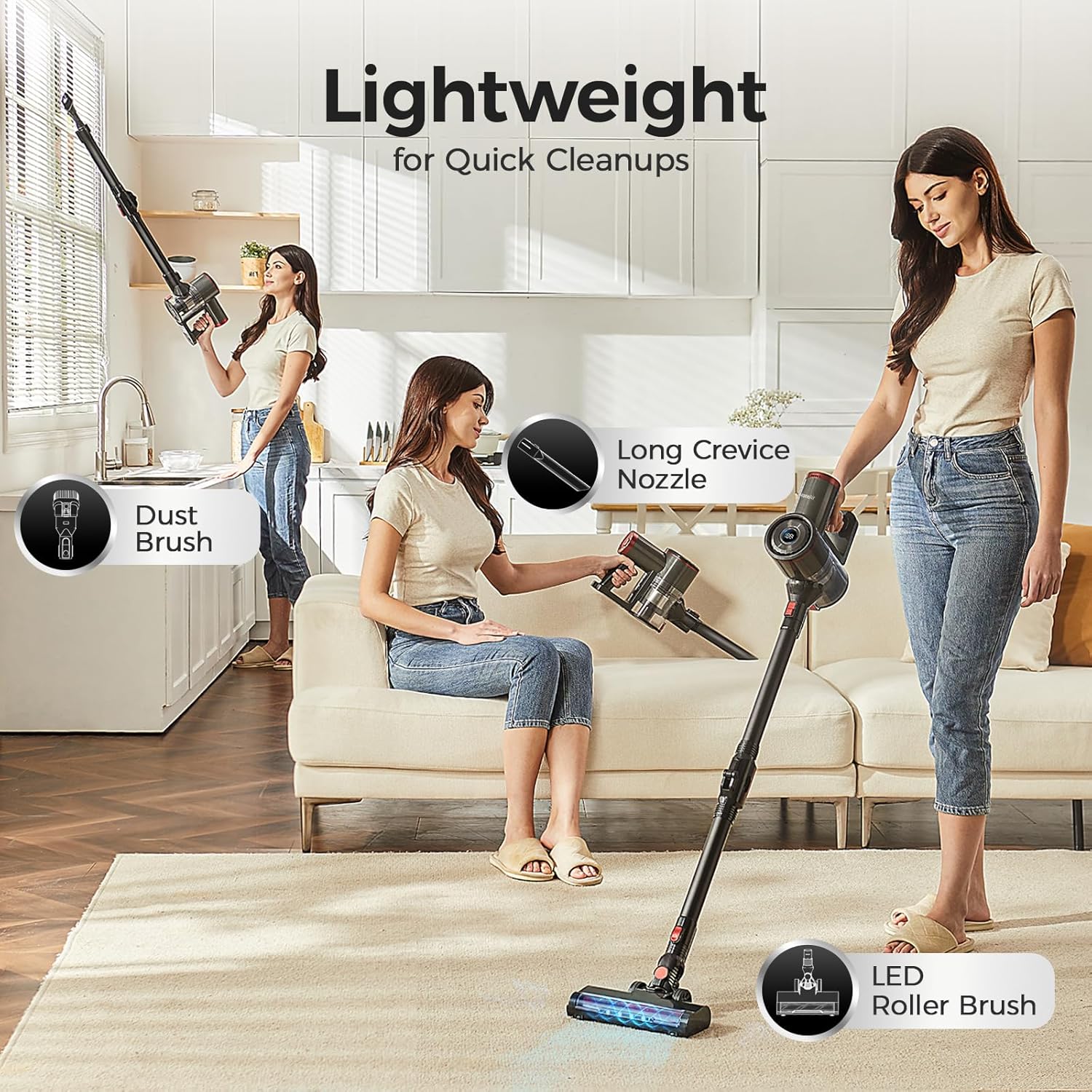 Cordless Vacuum Cleaner with Back-Saving&Self-Standing,450W/40Kpa Powerful Suction Stick Vacuum Cleaners for Home,45Min Stick Vacuum Cordless for Hard Floors,Carpets,Pet Hair,Car
