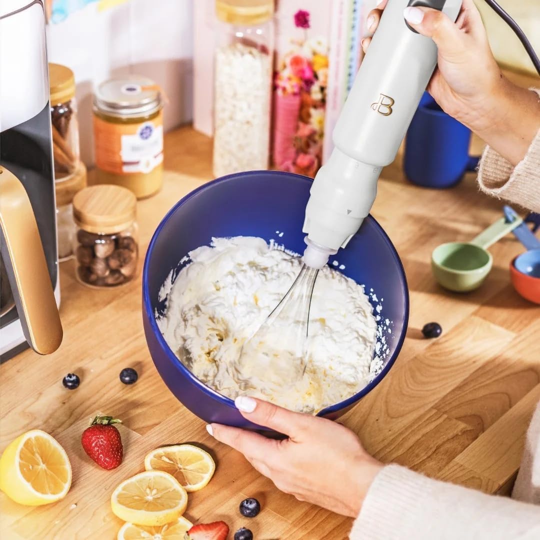 Beautiful 2-Speed Immersion Blender with Chopper & Measuring Cup, Stainless Steel Shaft, Quiet 250W Motor, Cornflower Blue Finish, Dishwasher Safe, Includes Whisk & 24 oz Beaker (White Icing)