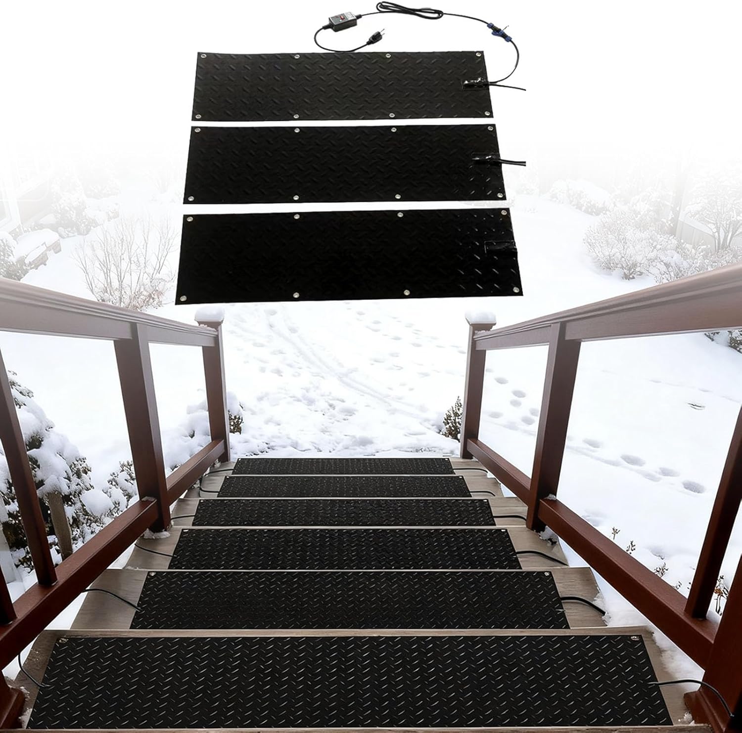 1/2/3/4/5 PCS Heated Snow Melting Mats for Stairs, Electric Removal Ice Melting Pad with Power Cord, Anti-Slip Outdoor Rubber Heated Mat for Doors, Courtyard, Stairs, Driveway(5 Pcs,30x72in)
