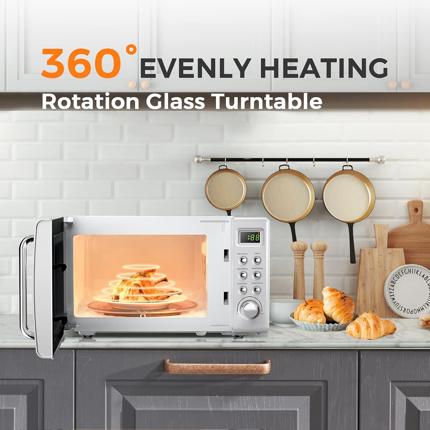 LDAILY 0.7Cu.ft Retro Small Microwave Oven, 700W Compact Countertop Microwave with 5 Power Levels, Auto Cooking Menus, Glass Turntable, Child Lock & Glass Turntable for Apartment, Dorm (White)