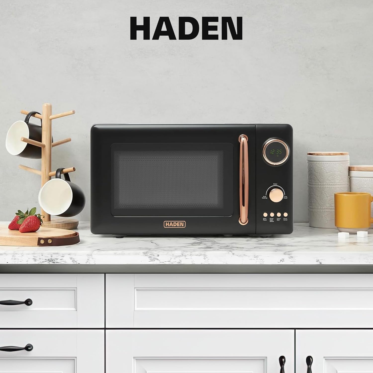 Haden 700 Watt 0.7 Cubic Foot Microwave Oven with Digital Controls, Defrost, and Instant Start Countertop Small Appliance, Black/Copper