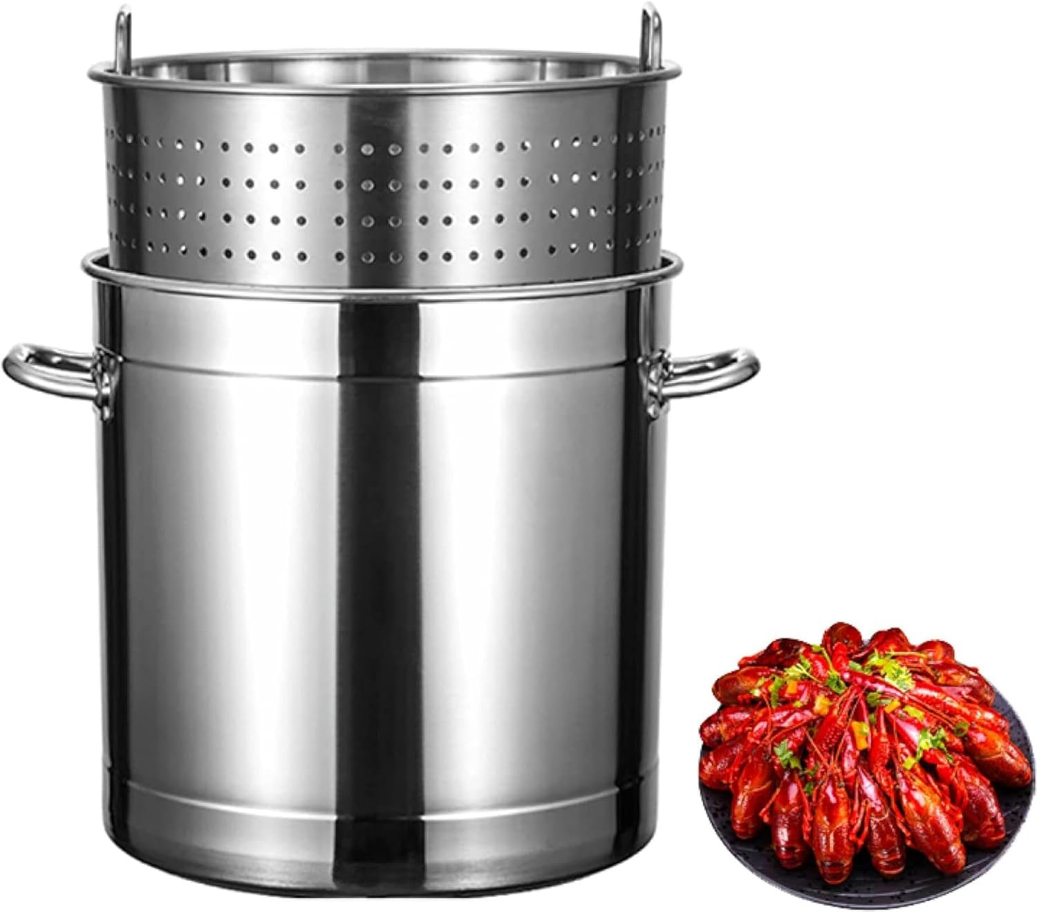 27QT/45QT/63QT Large Crawfish Seafood Boil Pot w/Steamer Basket and Lid - Heavy Kettle Turkey Fryer Pot for Outdoor Cooking and Home Brewing/Siliver / 40x40cm（Siliver-45x45cm）