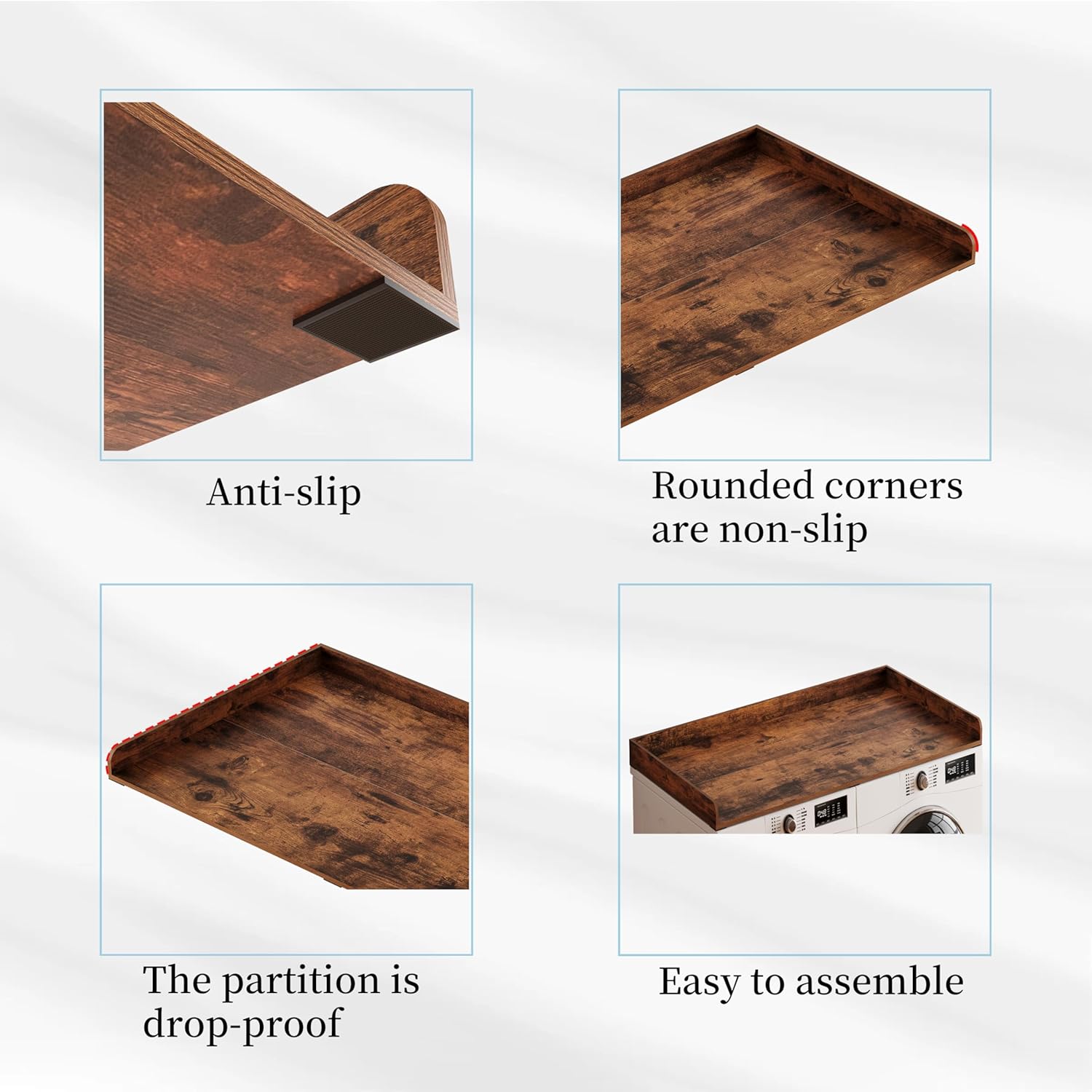 Washer Dryer countertop with Edge Rails and Non-Slip Mat,Wooden Laundry Countertop for Laundry Room Storage Organization (Rustic Brown, Full)