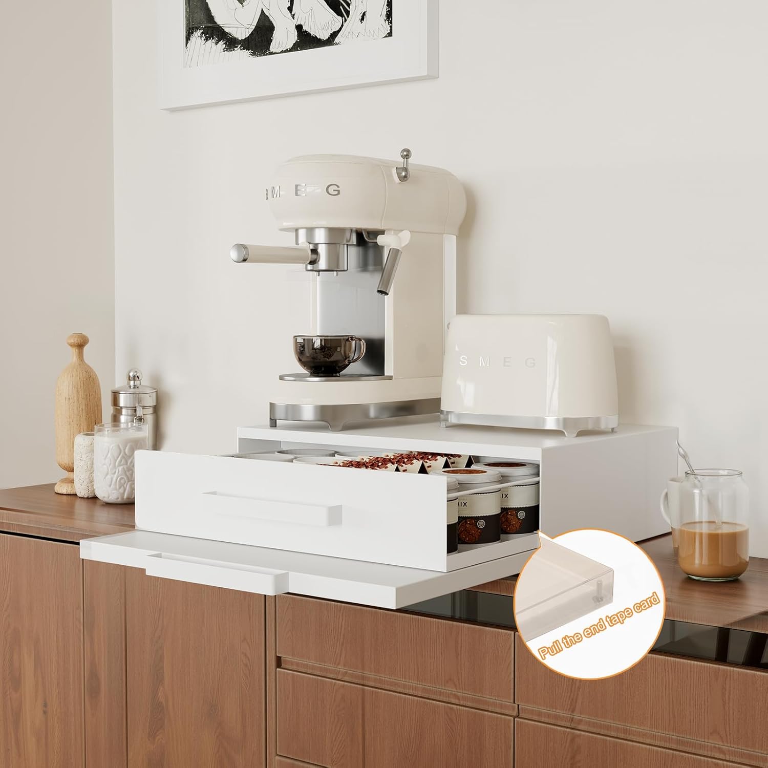 Steel Microwave Stand with Pull-Out Drawers & Shelves | Countertop Organizer for Compact Microwaves, Coffee Station & Kitchen Appliance Storage (White+Drawer+Shelf)