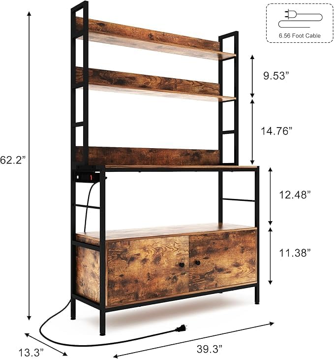 5-Tier Kitchen Baker’s Rack with Power Outlet,Large Bakers Rack with Storage Cabinet, Heavy Duty Oven Stand Microwave ,Free Standing Kitchen Utility Shelf with Storage,Shelf Organizer with Hooks