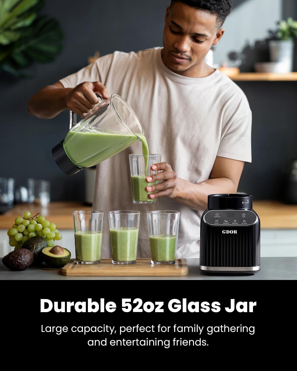 GDOR Professional Blender for Smoothies, 5 Functions, 1200 Peak Watts Smoothie Blender, 52 Oz Glass Jar & 24 Oz To-Go Cup Combo, Blenders for Smoothies, Ice and Frozen Fruit, Self-Cleaning