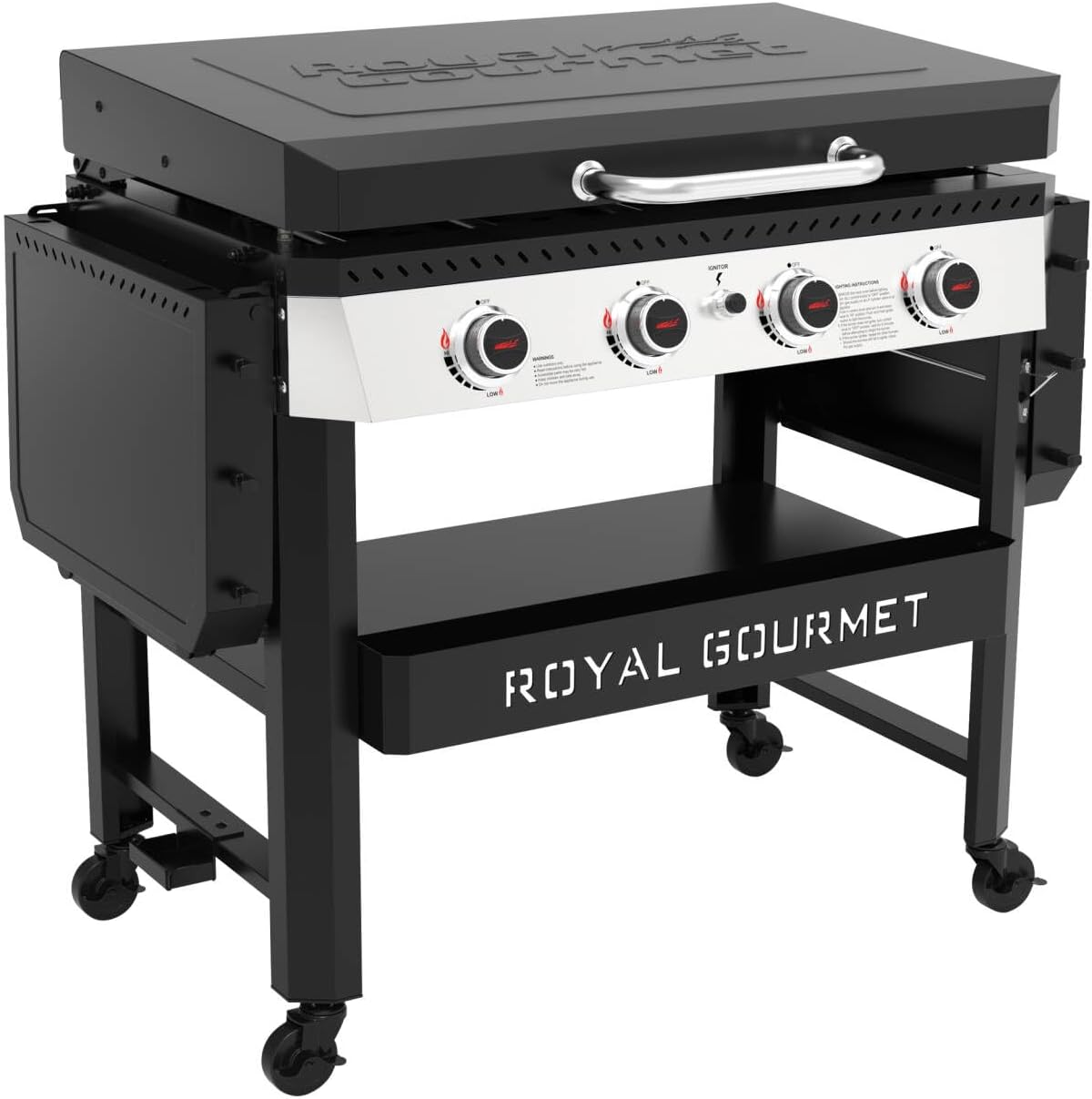 Royal Gourmet GB4007P 4 Burner Propane Gas Griddle with Hood, 34-Inch Flat Top Grill with Folding Side Tables for Outdoor Cooking like Camping or Tailgating, Black & Silver