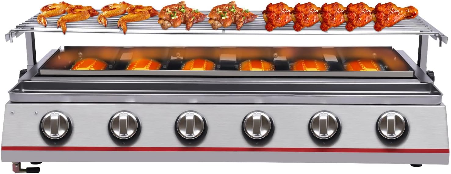 6 Burner Gas BBQ Grill, Outdoor Park Grills with Adjustable Temperature, Portable Stainless Steel Barbecue Table Top Grill Cooking, Adjustable Height with Food Tray for Families, Barbecue Stores