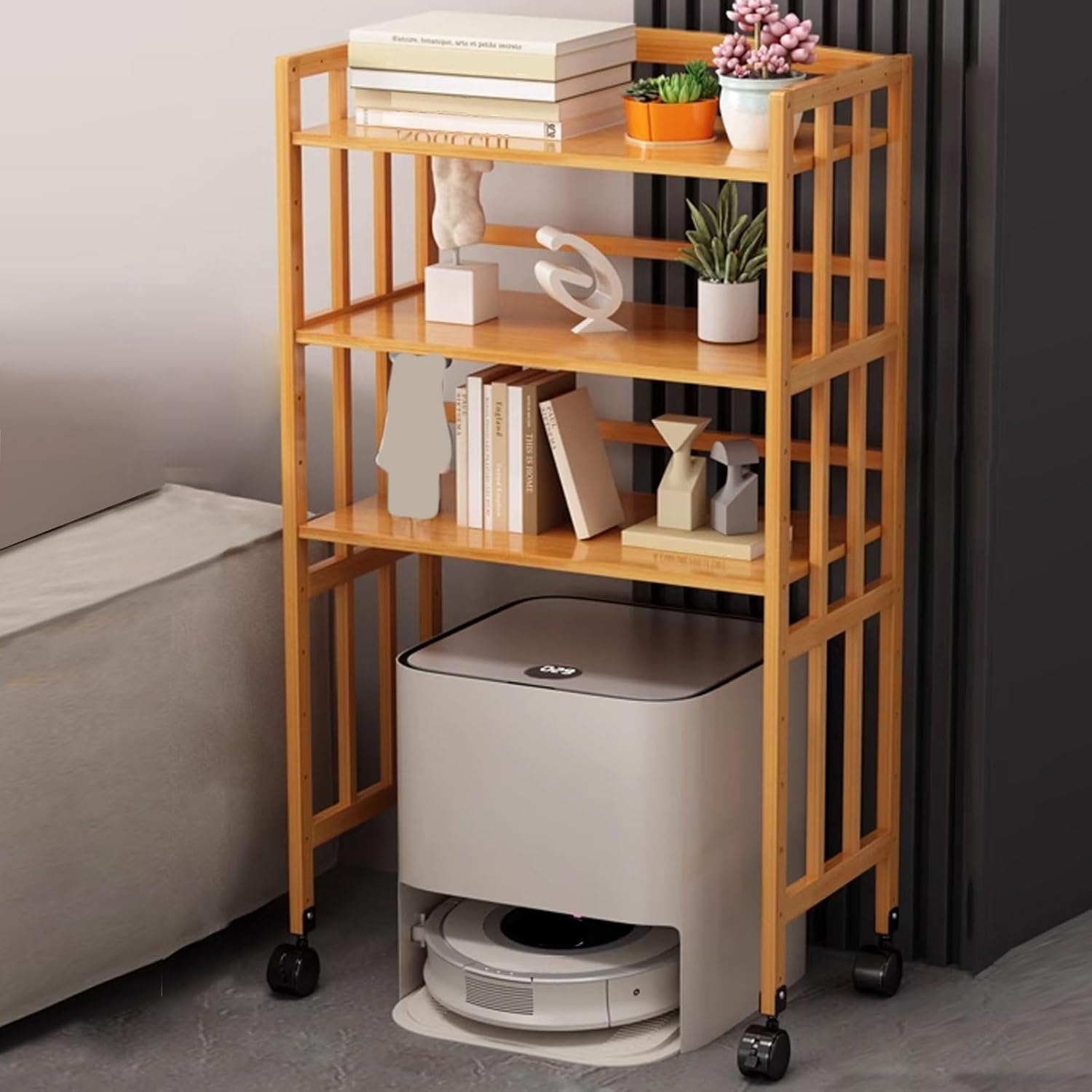 Mobile Sweeper Robot Storage Cabinet Shelf Multi-Functional Modern Vacuum Storage Stand Swivel Casters with Brakes Adjustable Shelf Height Multi-Layer(Natural,80 * 38 * 123cm)