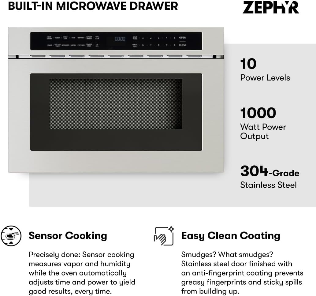 Zephyr 24 inch Built In Drawer Microwave Oven Under Cabinet - Integrated, Wall Mount, Under Counter Pull Out Microwave Drawer 1.2 cu ft, Preset Cooking Options, Easy Clean Coating, 1000W