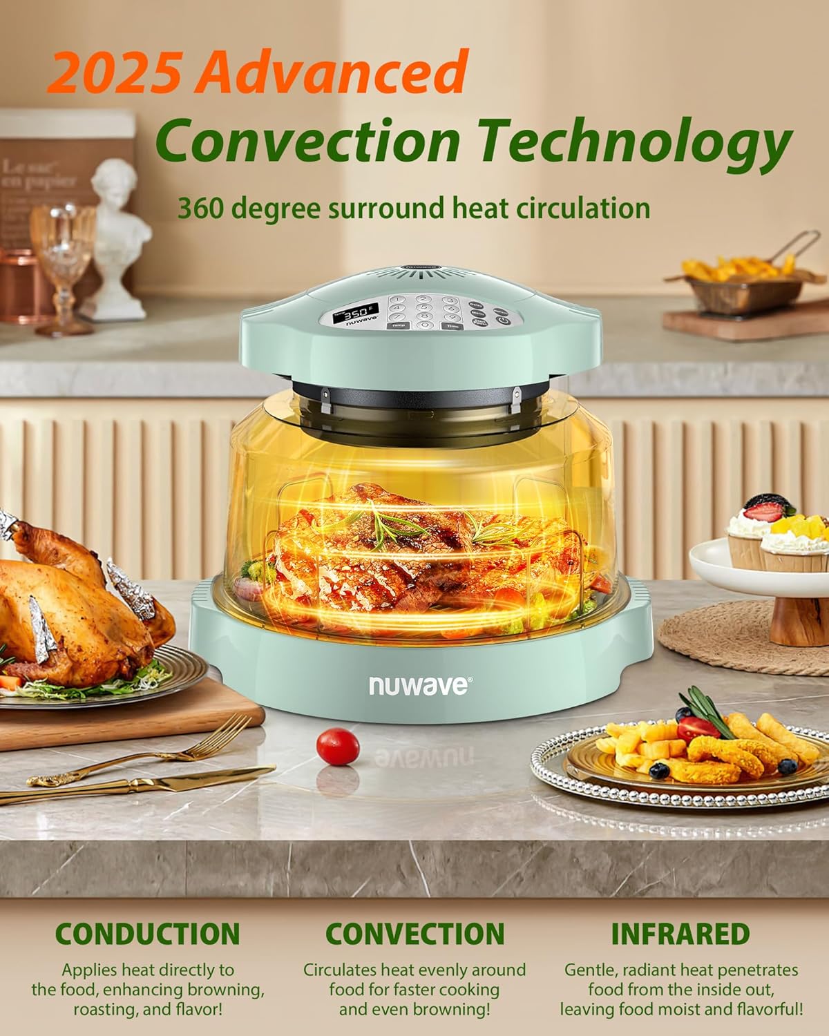 Nuwave Oven Pro Plus Air Fryer, Infra-Red Countertop, 2025 Advanced Convection, No Defrosting or Preheating, Cook Fresh or Frozen, Durable Power Dome, 100 Presets & 50 Memory, PFAS Free, Mint Green