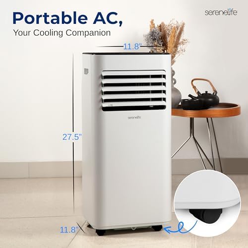 SereneLife Portable Conditioner, 8000 BTU 3-in-1 Compact Standing Air Conditioner for Rooms Up to 300 Sq. Ft., Energy Efficient Floor AC Unit with Remote Control, Universal Casters, Window Mount Kit