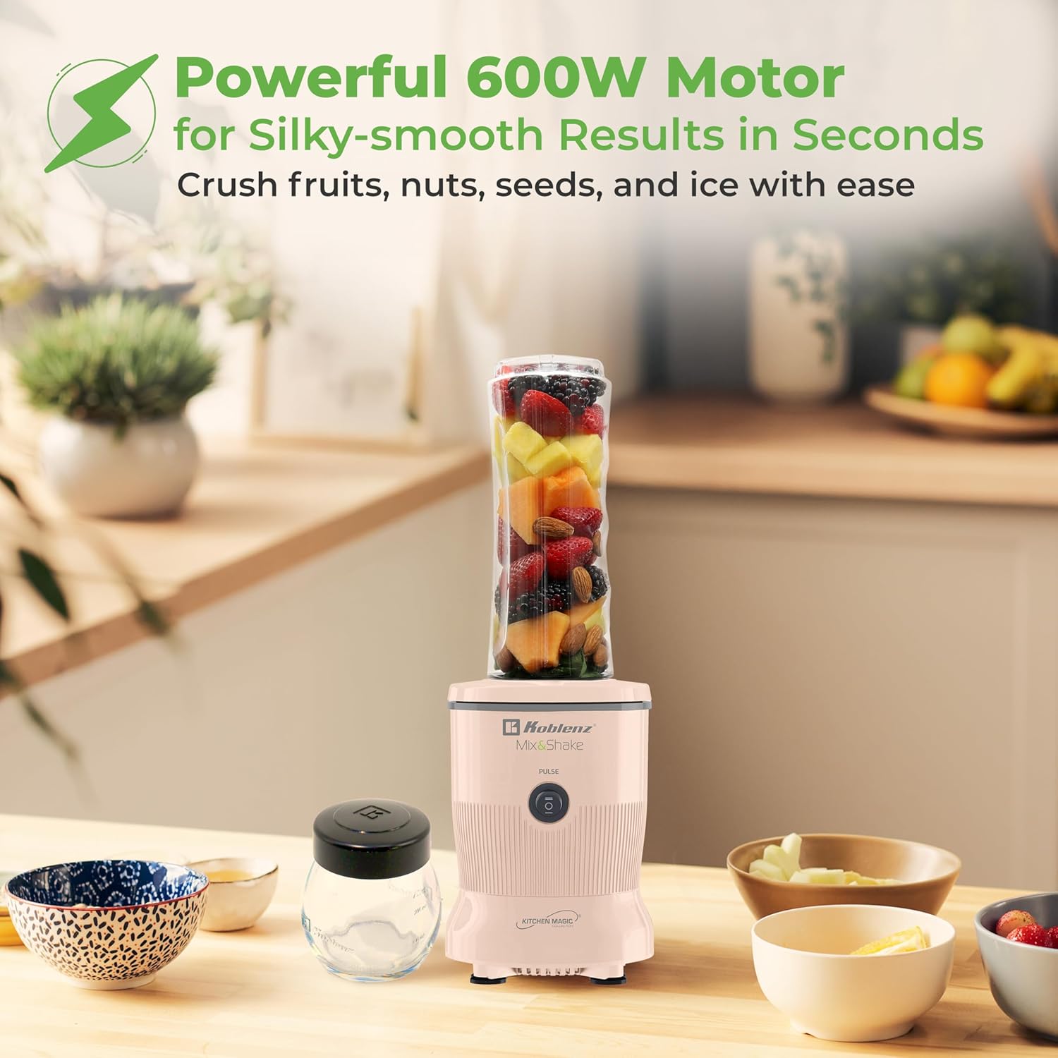 Mix&Shake Blender, 20 oz Portable Blender, 600W Motor, Pulse, ON/OFF, Stainless Steel Blades, Shakes, Sauces, Smoothie Maker, (1) 20 oz To-Go Bottle, (2) 10 oz Glass Jars, Pink, MSKM-600 2PS