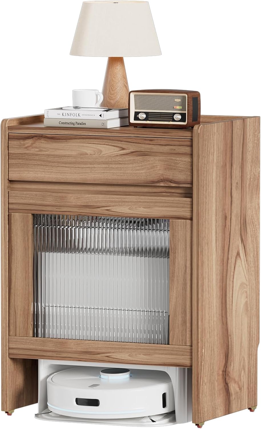 PAKASEPT Mobile Robot Vacuum Storage Cabinet Side Table, Multi Tier End Cabinet with Wheels for Living Room Kitchen