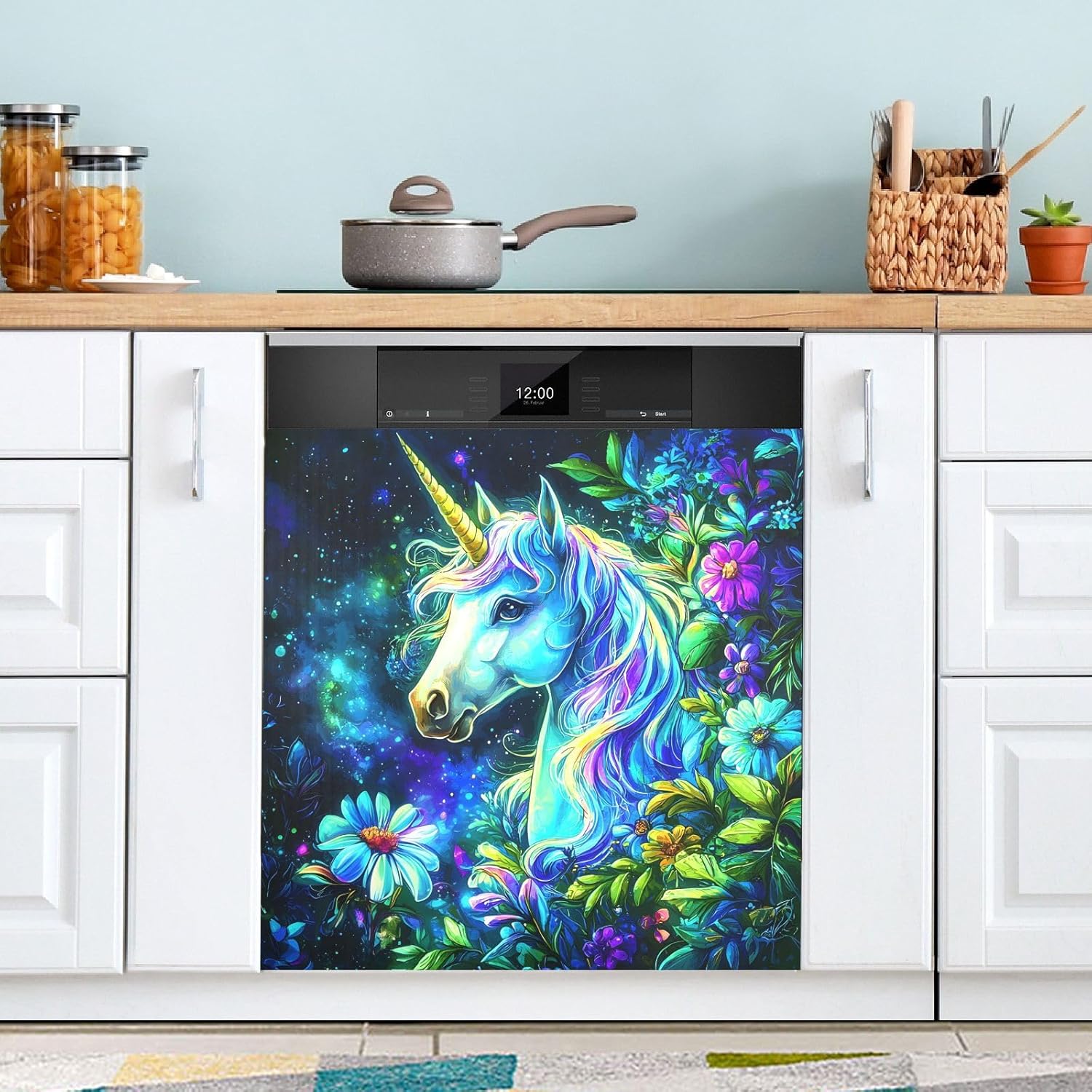 Dishwasher Magnet Cover Large Magnetic Stickers Unicorn Flower Leaves Pattern Front Dishwasher Cover Reusable Decal for Home Kitchen Anti-Scratch Refrigerator Decorative Lid Washing Machine Laundry 23