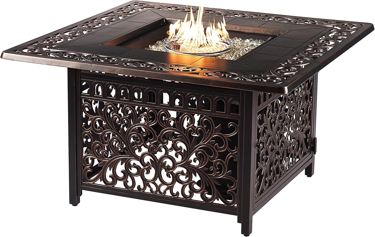 Aluminum 57,0000 BTU 42 in. Square Propane Black Fire Pit Table with Fire Beads, Lid, Propane Tank Cover and Table Fabric Covers in Copper Finish