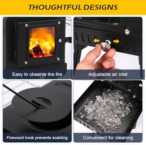 Black Wood Burning Tent Stove, 7 Section Stainless Steel Chimney, Portable Hot Tent Stove for Camping, Hunting, Ice Fishing