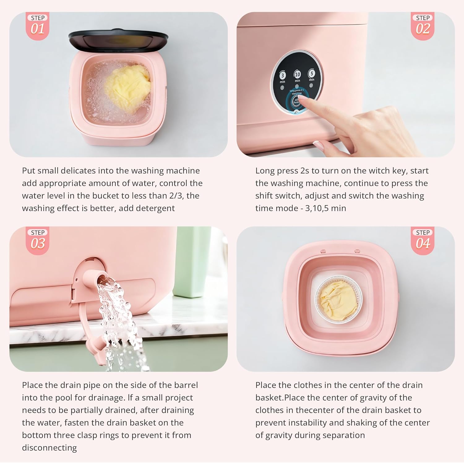 Pink Portable Washing Machine, Mini Washer, 16L Upgraded with Spin Basket, Foldable Design Ideal for Apartment, portable washer 3 Cleaning Modes Suitable for Small Clothes