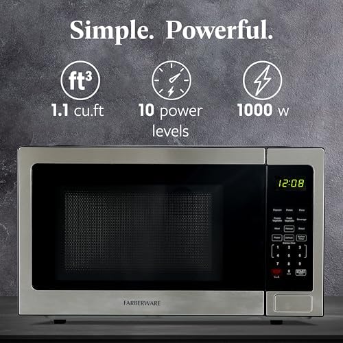 Farberware 1.1 Cu. Ft. Countertop Microwave Oven – 1000 Watts Power, Auto Cook Settings, Defrost, Easy Clean and Child Safety Lock - Stainless