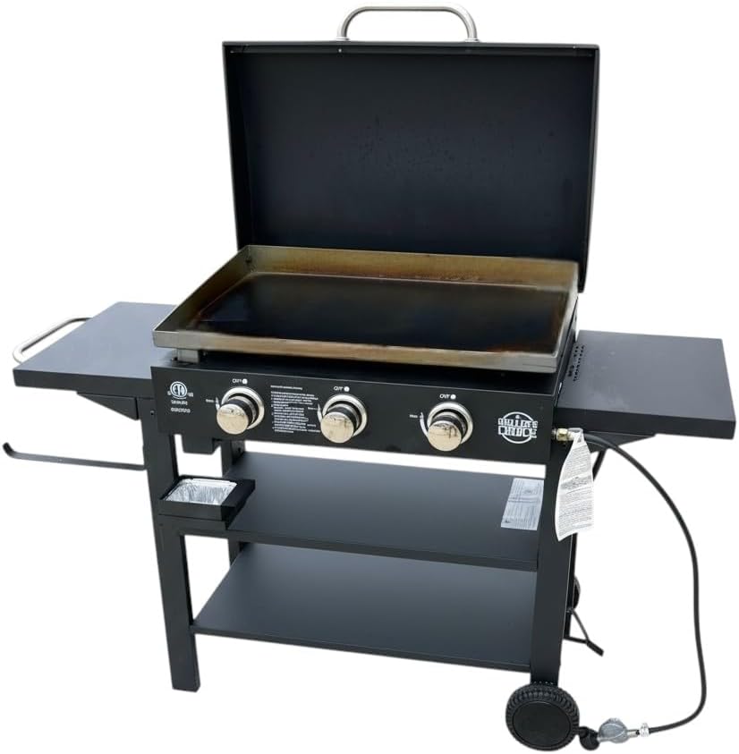 Griller's Choice Gas Griddle with Hinged Hood, Wind Guards, Front Grease Management, 4 Shelves, Propane Griddle for Flattop Grills Outdoor Cooking