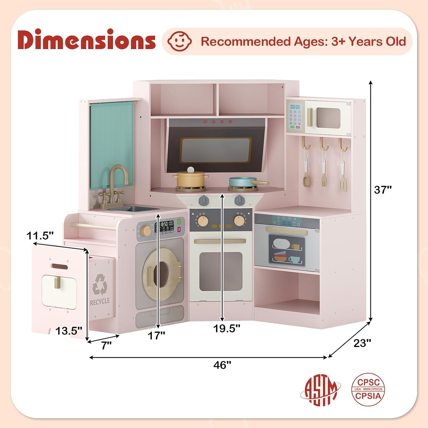 Costzon Corner Play Kitchen, Large Pretend Play Kitchen w/Real Light & Sound, Pull-Out Trash Can, Stoves, Microwave, Oven, Washer, Little Chef Wooden Kitchen Playset for Kids 3+ Years Old (Pink)