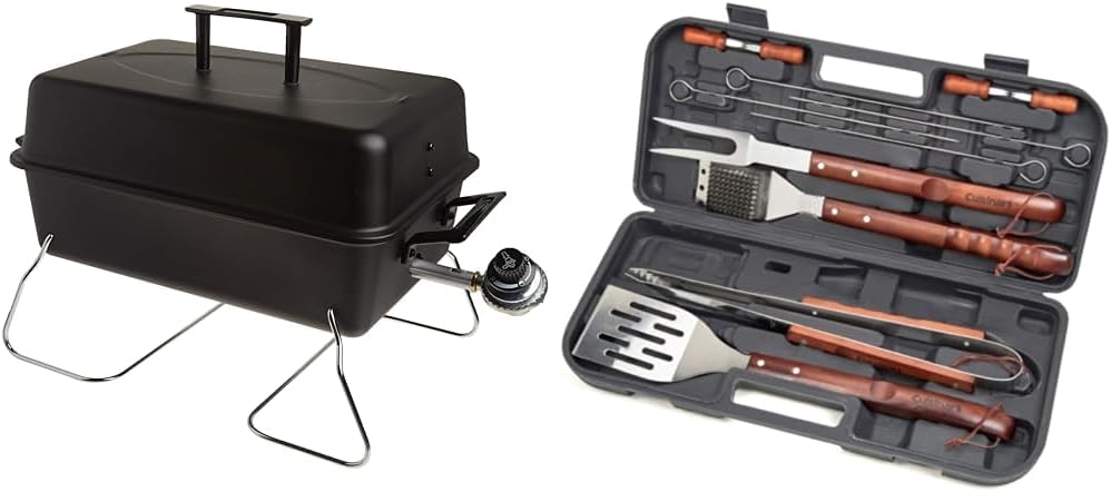 Char-Broil Portable Convective 1-Burner Stainless Steel Propane Gas Grill - 465133010 & Cuisinart CGS-W13 Wooden Handle Tool Set, Black, Deluxe Pizza Grilling Pack (13-Piece)