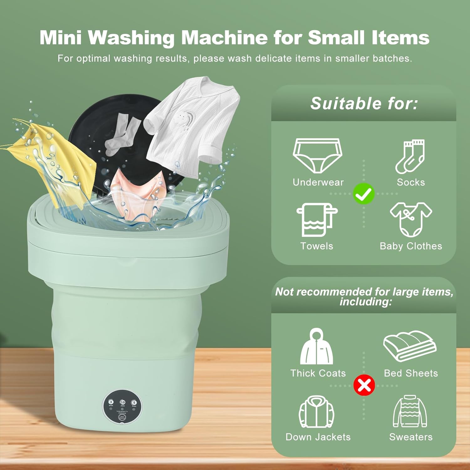 Mini Portable Washing Machine, 9L Foldable Washer with 3 Modes, Ideal for Baby Clothes, Underwear, Socks, Space-Saving Design for Home, Apartment, Hotel, Camping & Travel (Green)