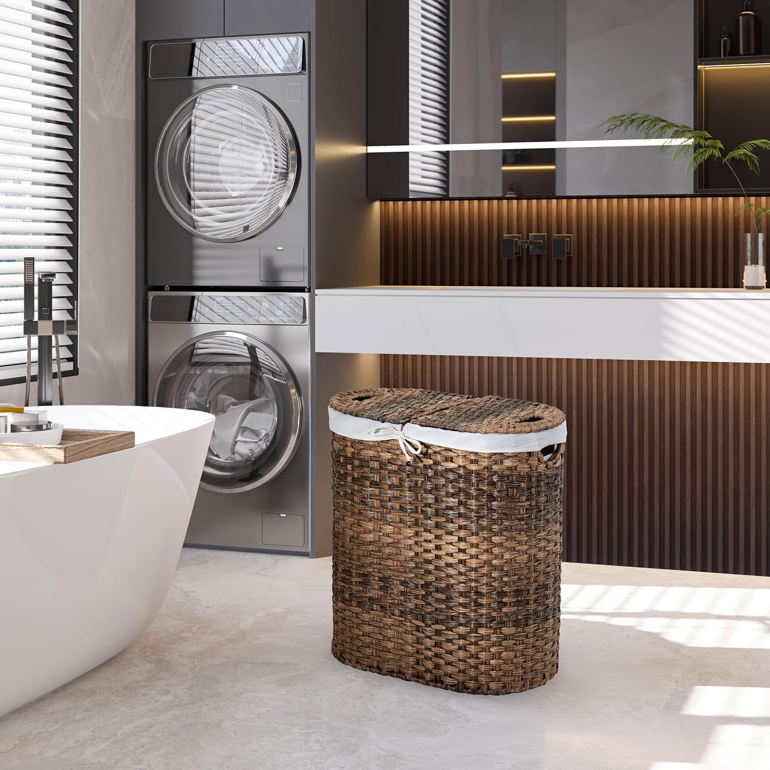 Seville Classics Premium Handwoven Portable Laundry Bin Basket with Carrying Handles, Household Storage for Clothes, Linens, Sheets, Mocha Brown, Oval Hamper