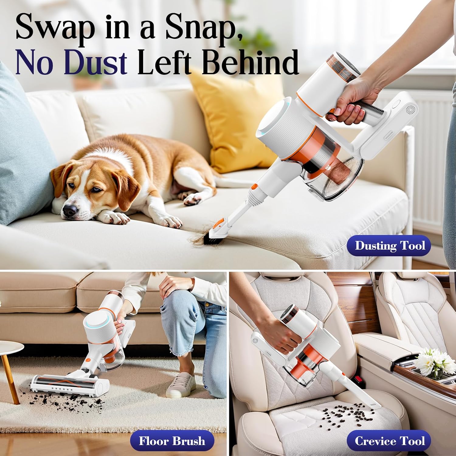 Cordless Vacuum Cleaner, Stick Vac with LED Touch Screen, 45KPA Powerful Suction, Up to 60 Mins Runtime, 7-Stage HEPA Filter, V-shaped Anti-Tangle Brush, Lightweight for Carpet, Hard Floor, Pet Hair