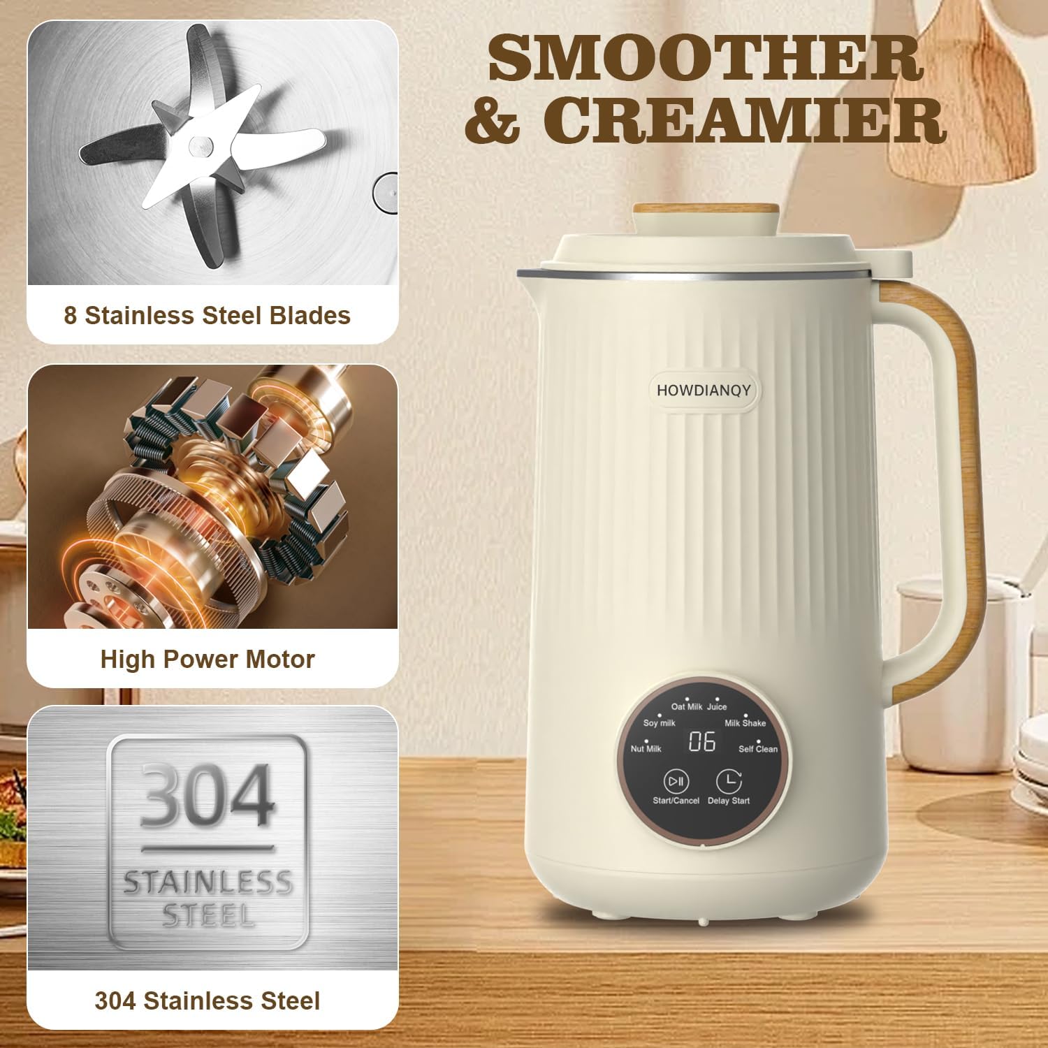 HDQ Nut Milk Maker Machine, 32oz Nut Milk Blender for Kitchen, Full-touch-panel Automatic Plant-Based Beverage Machine for Soy, Almond, Oat & Coconut Milk with Delay Start/Milk Shake Function