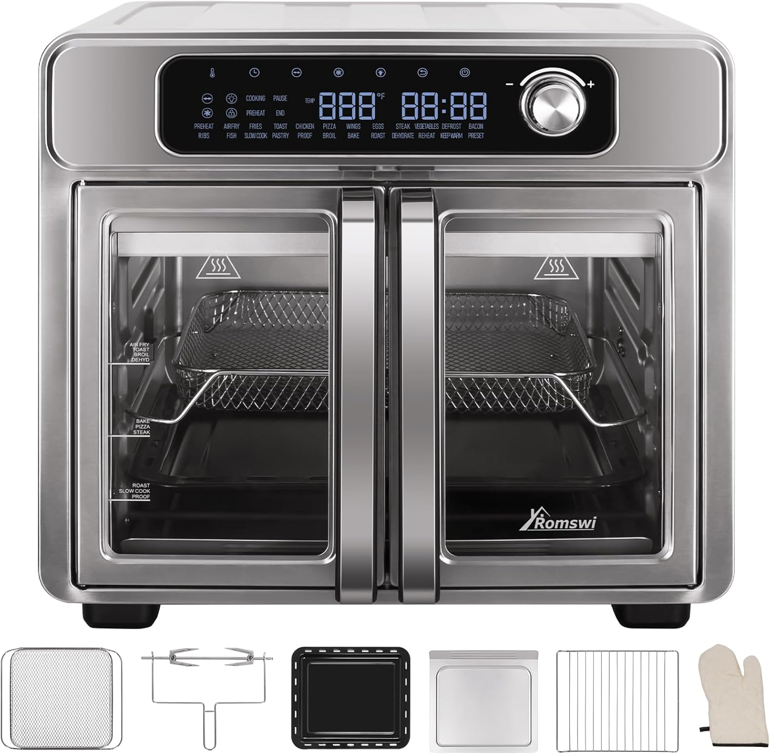 Romswi 26QT French Door Air Fryer Toaster Oven Combo, 24 Cooking Functions and Digital Controls, Fits 12