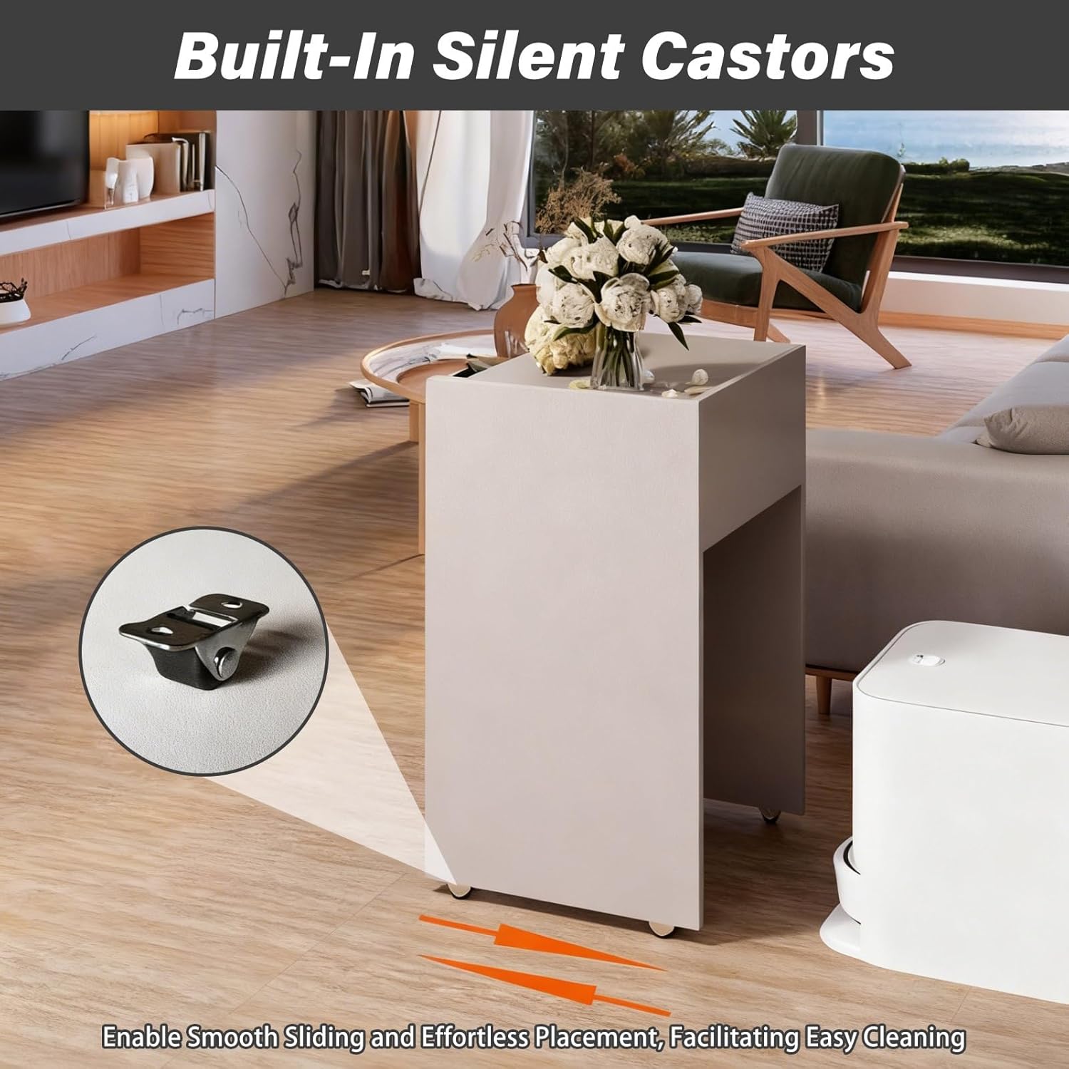 Mobile Robot Vacuum Storage Side Table Multi Tier End Hidden Cabinet with Wheels Robot Shelf Space Saving for Living Room Kitchen Over(Natural)