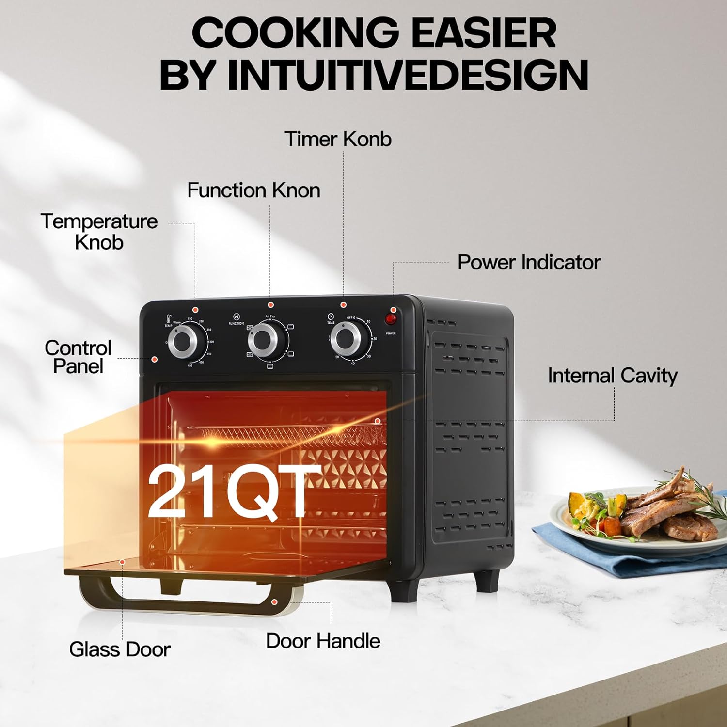 Panana Compact Airfryer Toaster Oven, 1400W 21QT with 6-in-1 Multifunctions and Wide Temperature Range, Air Fryer Oven with 60-Minute Timer/Auto-Off, Stainless Steel Countertop Oven (Black)