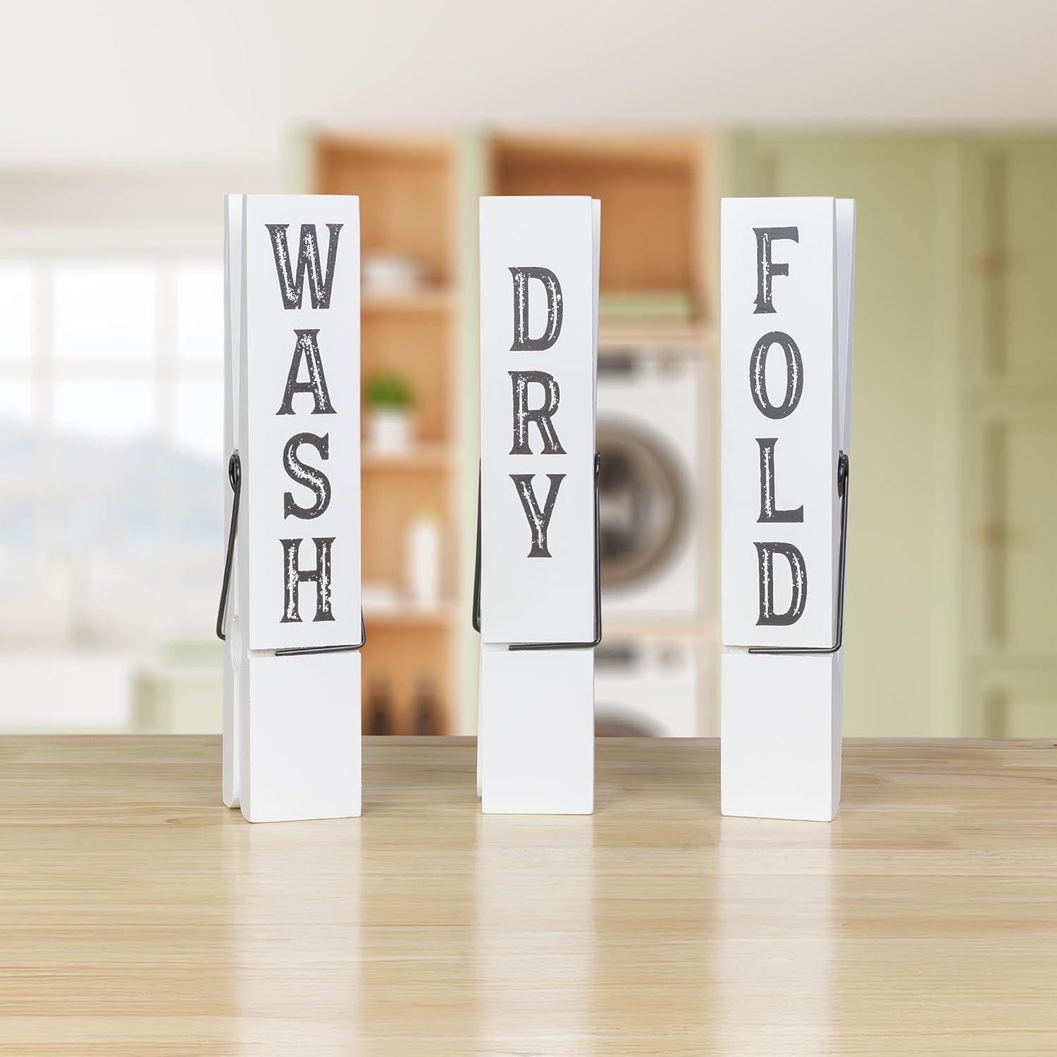 AuldHome Design Laundry Room Wall Art (Set of 3); Rustic Wood Clothespin Shaped Laundry Decor