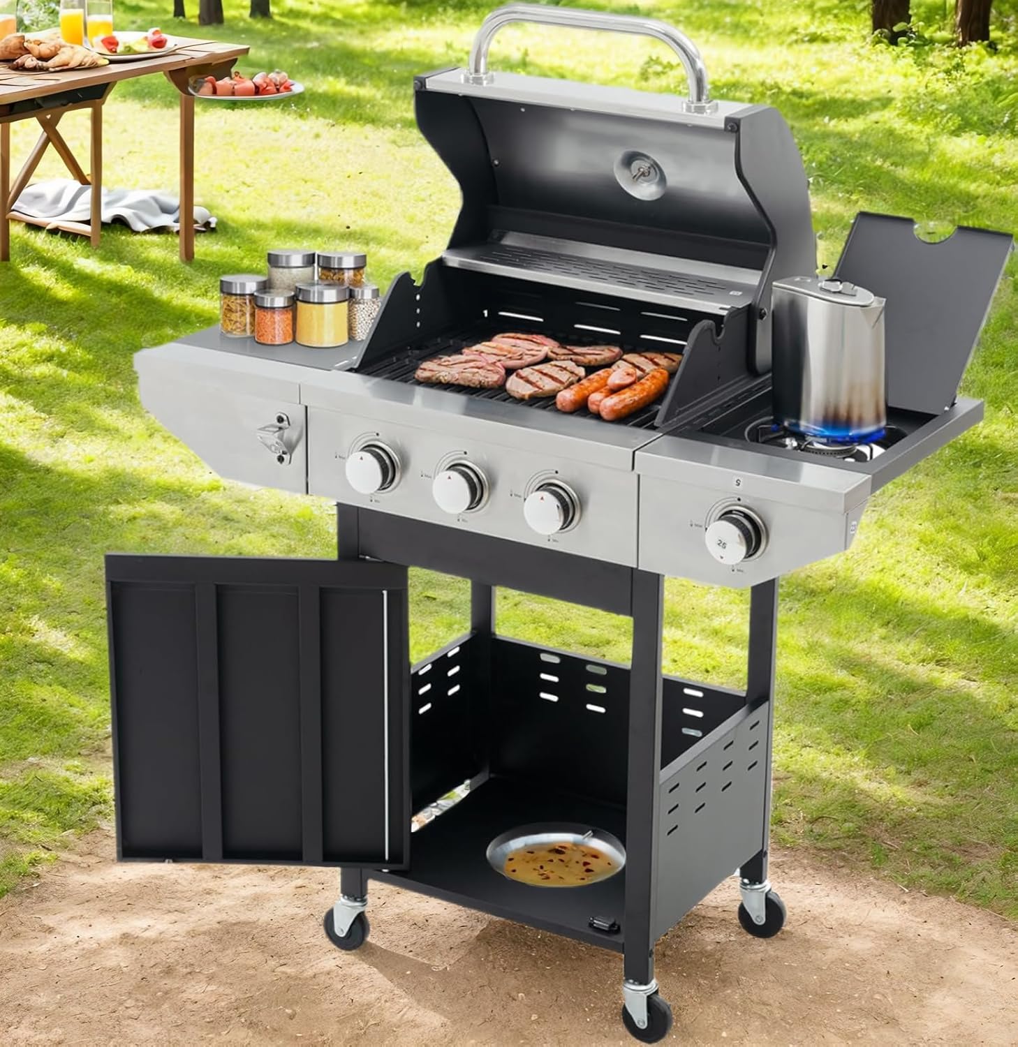 3 Burner Outdoor Propane Gas Grill with Side Burner & Thermometer, Stainless Steel Barbecue Grill with Wheels for Patio BBQ Cooking, Camping (3 Burner)