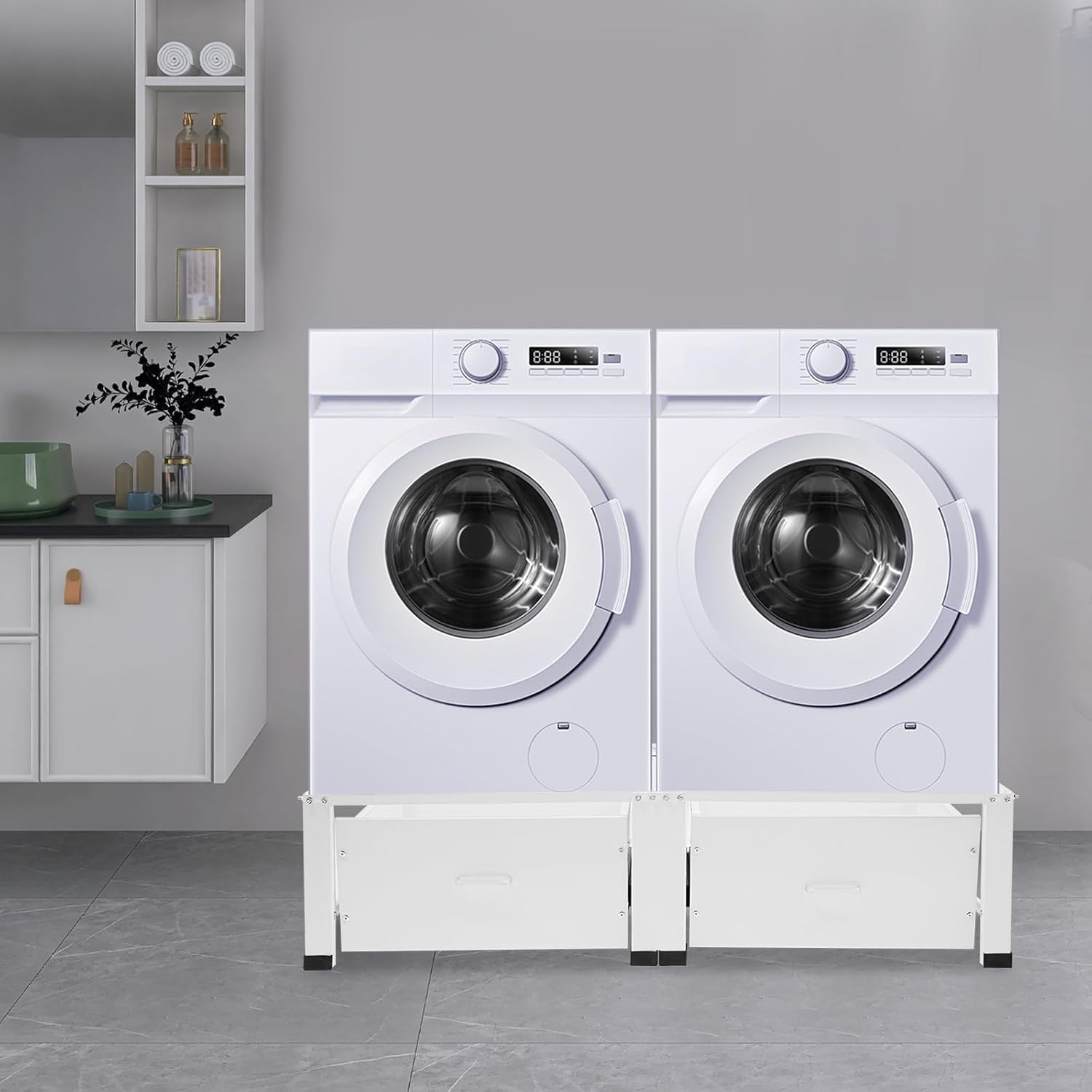 Washing Machine Base Frame with 2 Storage Drawers - Double Appliance Stand 440LB Capacity, Anti-Vibration Base for Washer Dryer Laundry Room Organization