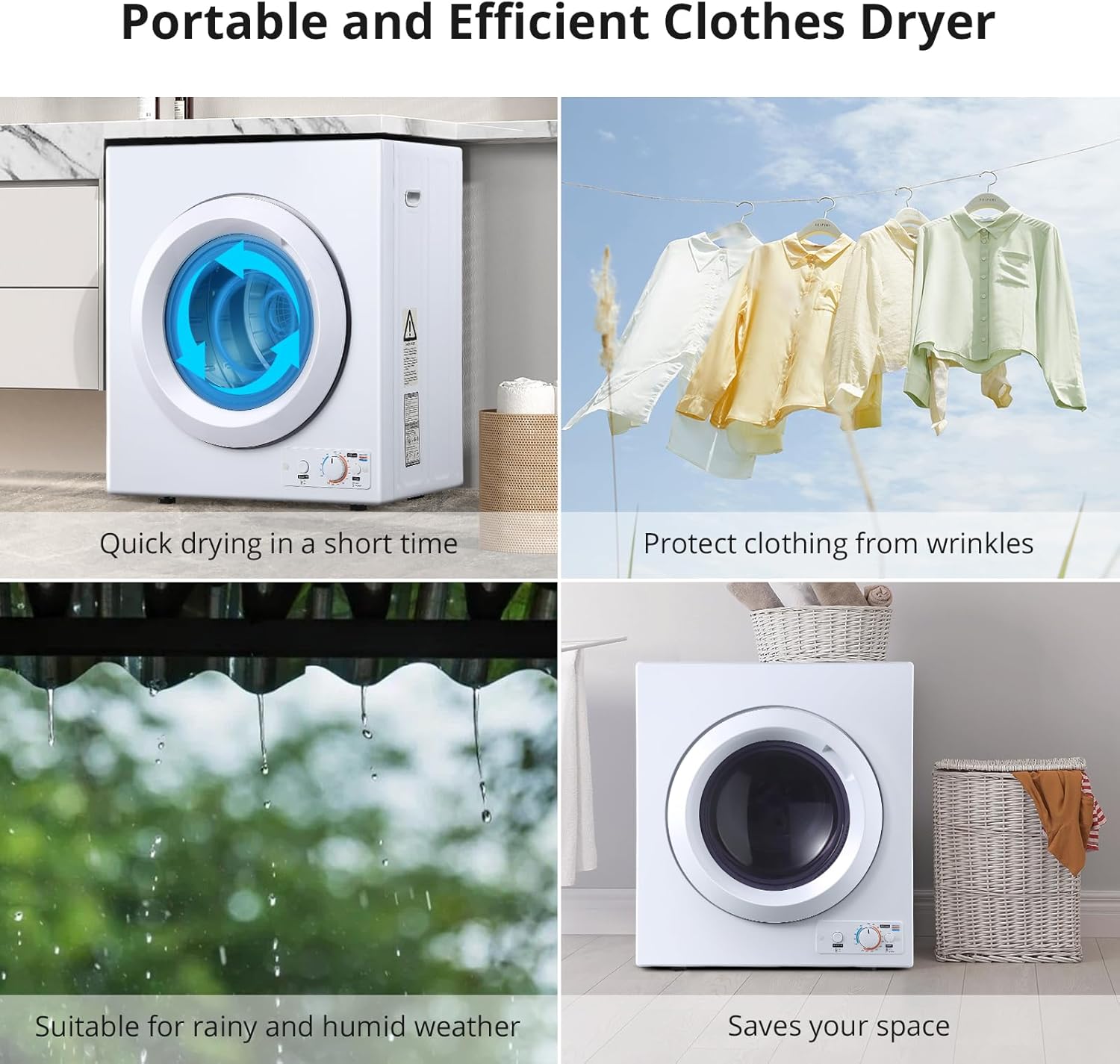GarveeHome Portable Clothes Dryer, Compact Laundry Dryers 2.65 Cu Ft Electric Compact Dryers Machine, Front Load Stainless Steel Dryers with Stainless Steel Tub, 4 Automatic Drying Mode, White