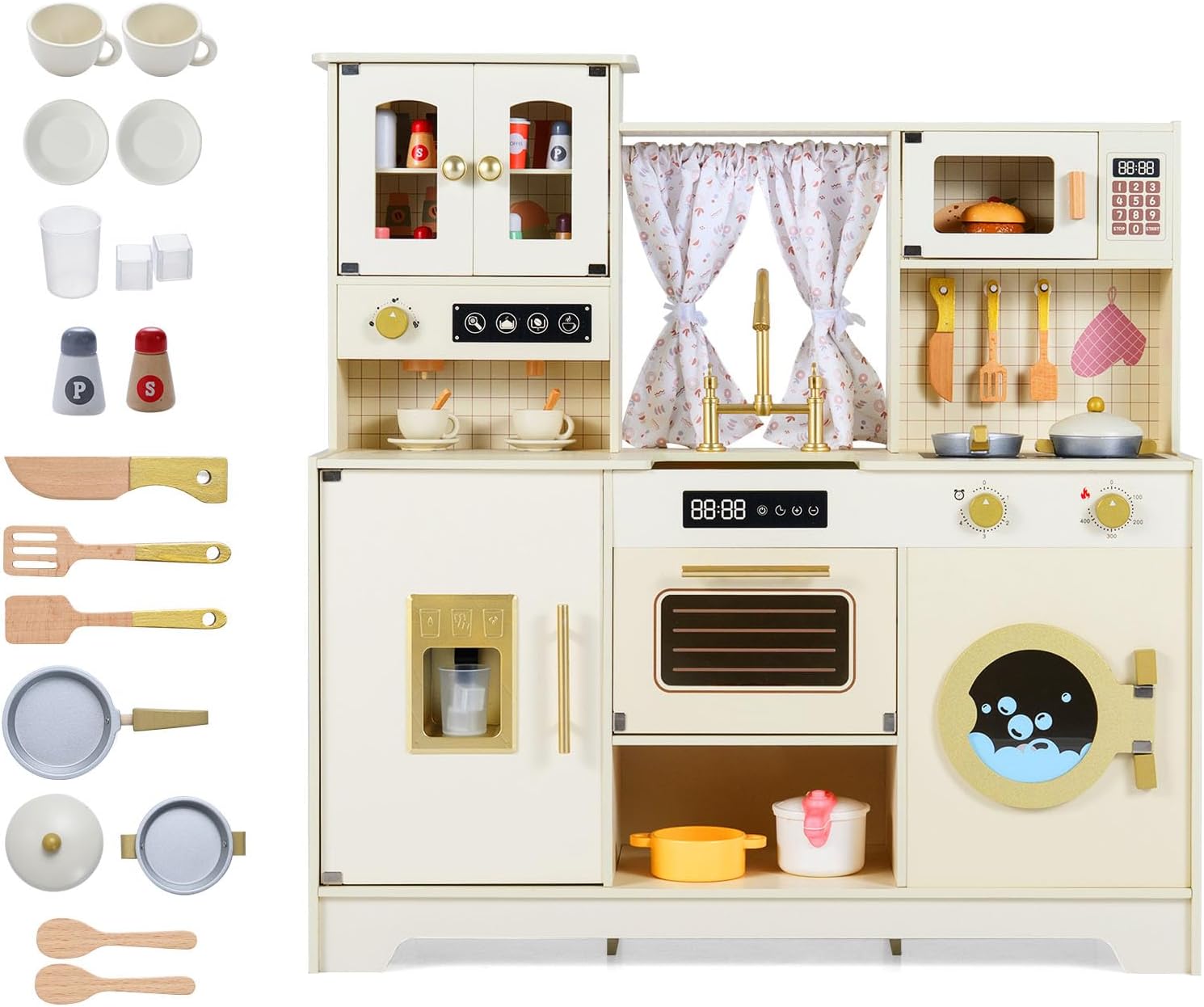 Costzon Kids Play Kitchen, Wooden Toy Kitchen Playset w/Ice Maker, Coffee Maker, Washing Machine, Curtain, Microwave & Oven, Pretend Toy Kitchen w/Storage for Boys and Girls Aged 3+