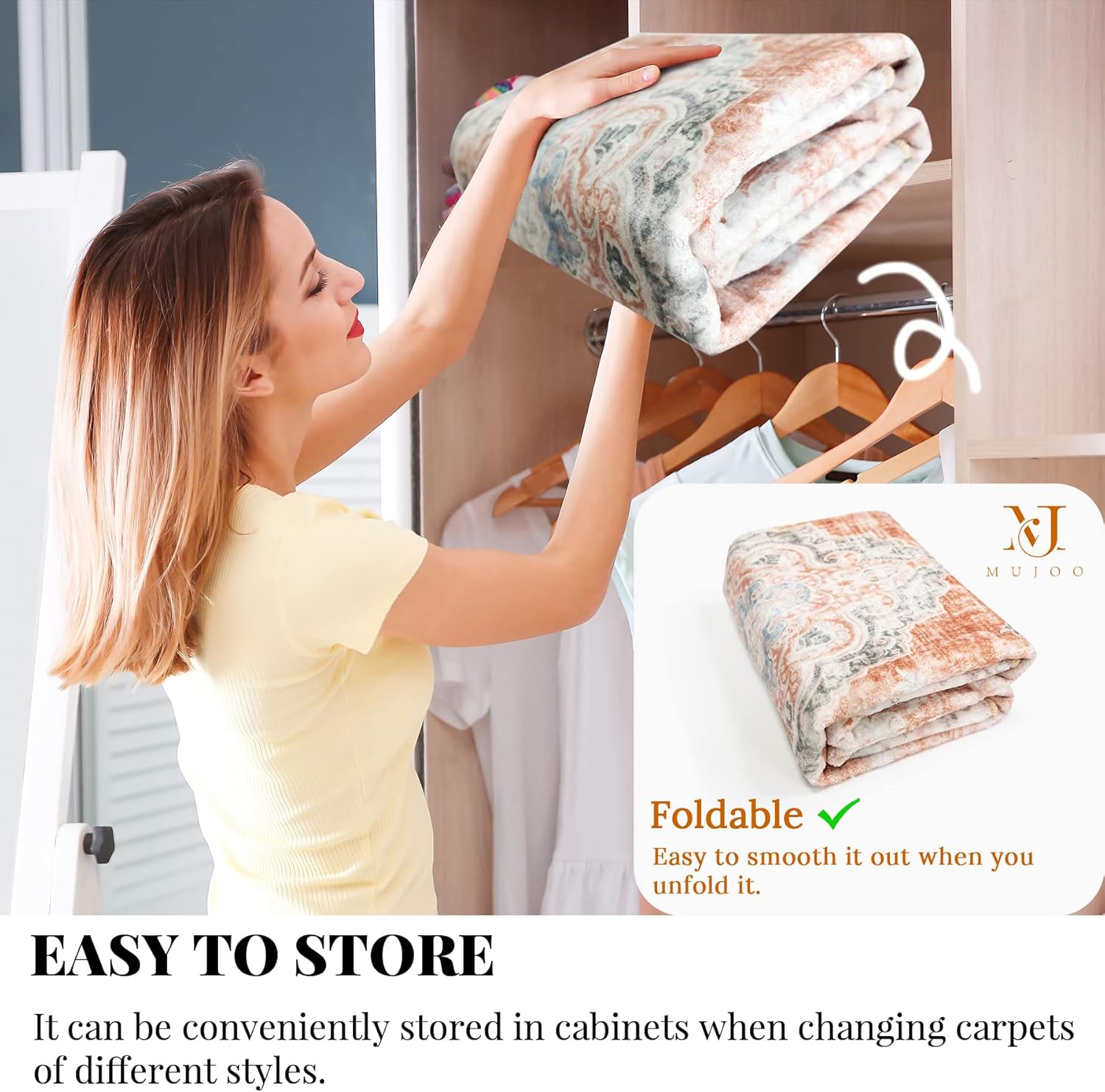 MUJOO Boho Rug 3'x5' Machine Washable Area Rugs Small Non Slip for Entryway Bedroom Bedside Kitchen Hallway Living Room Laundry Indoor Mat Soft Low-Pile Floral Orange Navy Blue