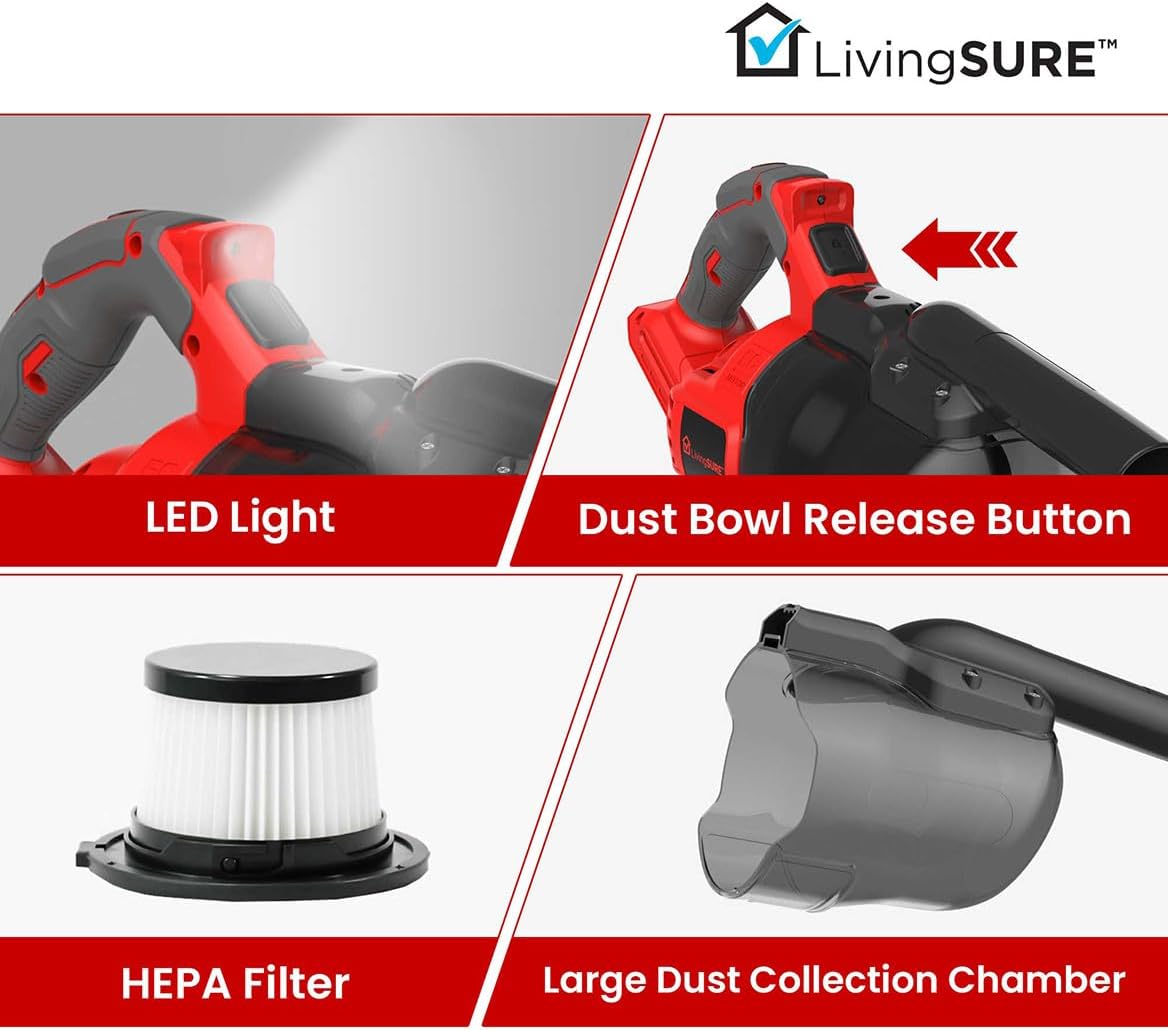 Cordless Handheld Vacuum Cleaner by LivingSURETM Lightweight and Rechargeable Handheld Powerful Vacuum Cleaner with Filter - Battery Not Included