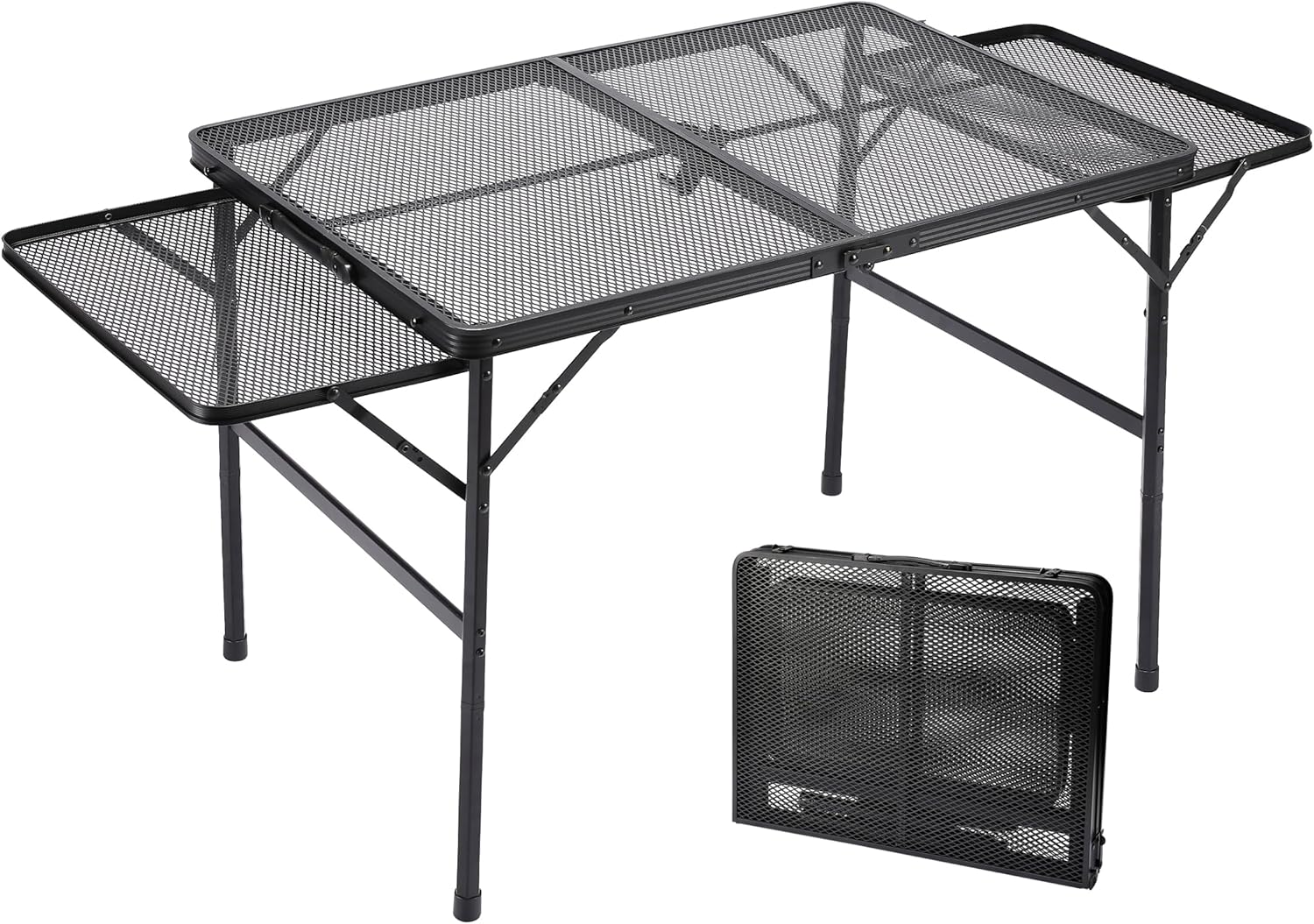 Folding Family Camping Table with 2 Wing Panels, Metal Grill Table with Mesh Tabletop, 2 Adjustable Heights, Large Picnic & Outdoor Table, 2 Side Shelves, Lightweight (4.4 FT, Black)