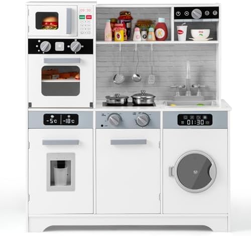 Costzon Kids Kitchen Playset, Wooden Toddler Play Set w/Real Lights & Sounds, Sink, Faucet, Water Dispenser, Microwave, Oven, Washing Machine, Little Chef Pretend Play Kitchen for Kids Ages 3+(White)