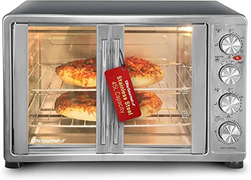 Elite Gourmet ETO4510B French Door 47.5Qt, 18-Slice Convection Oven 4-Control Knobs, Bake Broil Toast Rotisserie Keep Warm, Includes 2 x 14